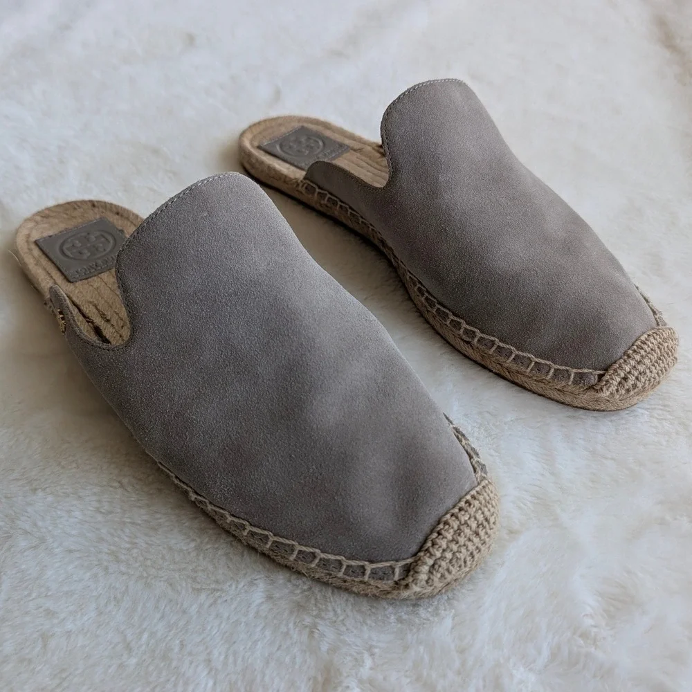 Tory Burch Gray Suede Espadrille Mules Slip On Flats Logo Gray Women Size 9